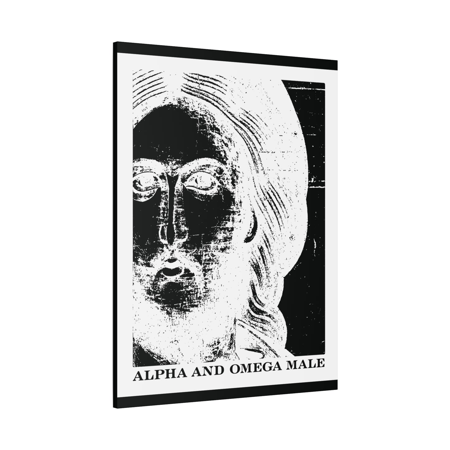 Black and white abstract bearded face with "Alpha & Omega Male" text, inspired by Jesus Christ and Revelation 22, featured on Orthodox canvas wall art: Alpha & Omega Male | I am the Beginning & the End.