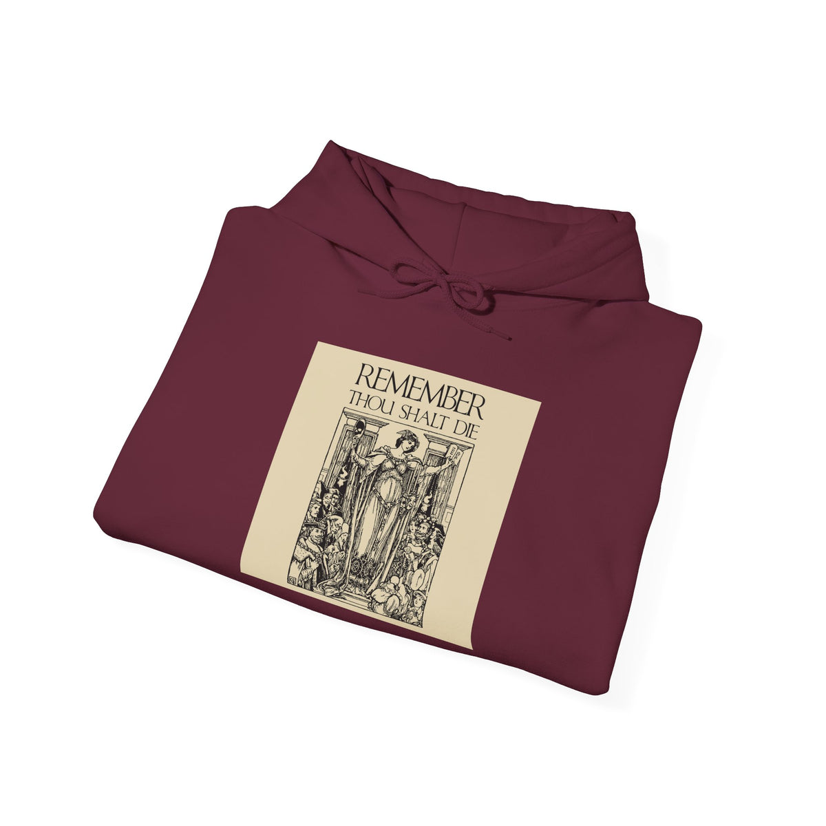 Folded maroon hoodie featuring the “Remember You Will Die Shakespearean Design” with a classic woodcut illustration aesthetic and Memento Mori theme on the front, inspired by St. Ephraim the Syrian’s Orthodox Christian meditations on lamentation and the day of death.