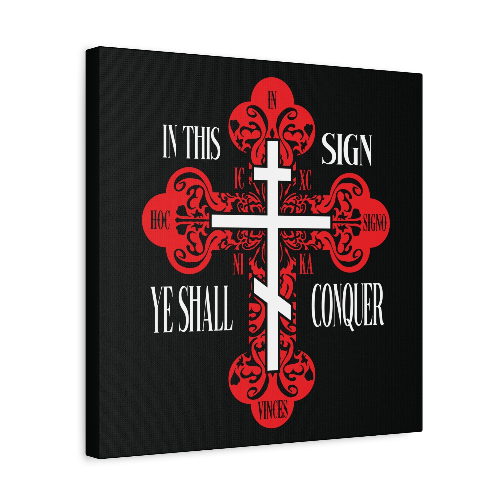 A red ornate Orthodox cross with "In This Sign Ye Shall Conquer" (In Hoc Signo Vinces, ICXC NIKA), symbolizing Jesus Christ's victory, featured on striking Christian wall art.