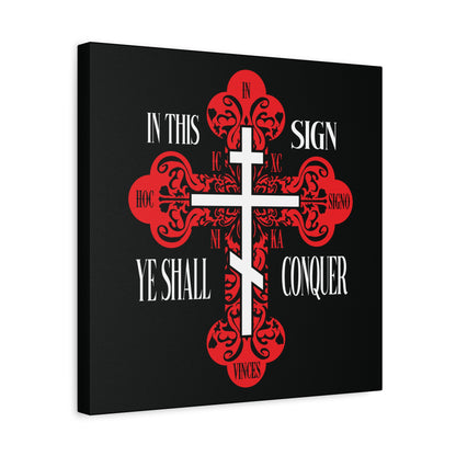 A red ornate Orthodox cross with "In This Sign Ye Shall Conquer" (In Hoc Signo Vinces, ICXC NIKA), symbolizing Jesus Christ's victory, featured on striking Christian wall art.