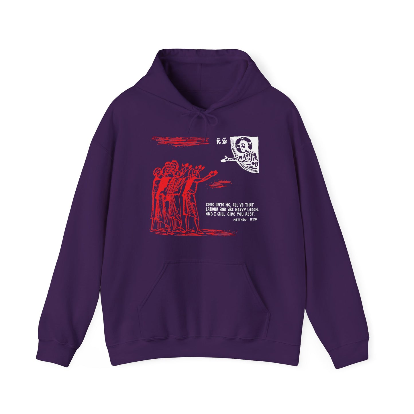 Purple "Come Unto Me All Ye That Labour & Are Heavy Laden (Matt. 11:28)" Orthodox hoodie featuring an icono-graphic drawing and text design on the front.