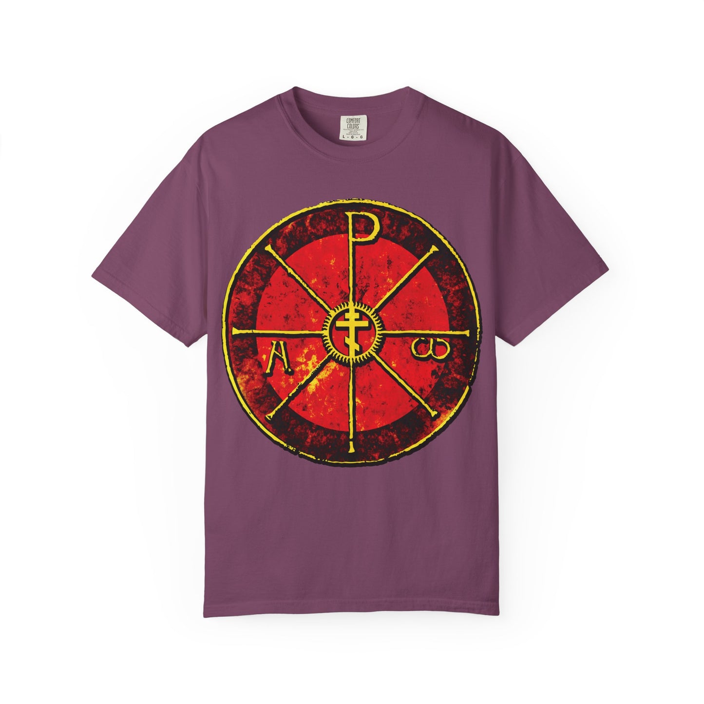 Berry t-shirt featuring a large, ancient Alpha & Omega Chi Rho Orthodox Cross—an iconic Christogram similar to the Chrismon of Saint Ambrose from Milan’s cathedral—printed on the front. "In This Sign Ye Shall Conquer." Heavyweight cotton.