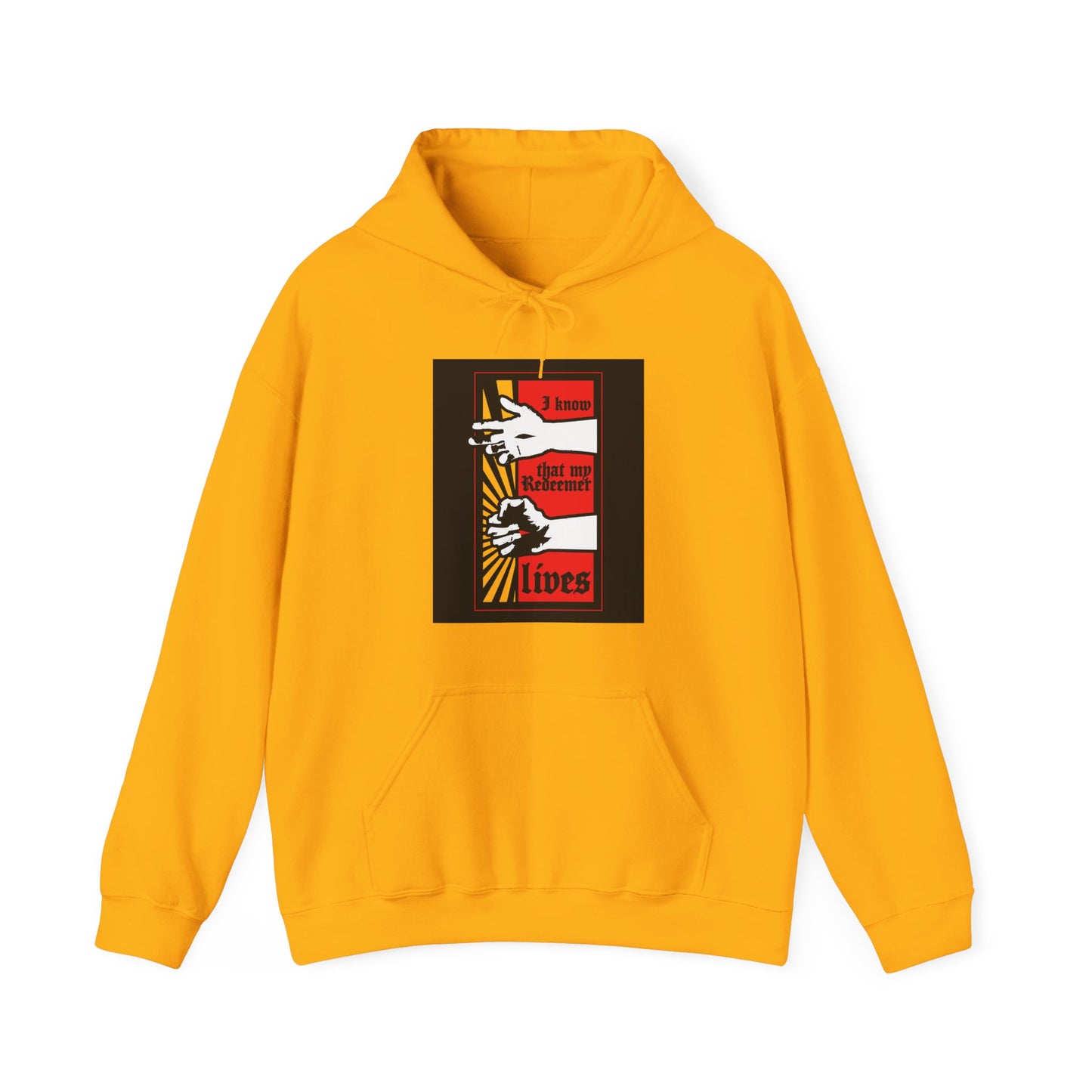 Gold hoodie featuring a comic book style design of the resurrected Jesus's fist with divine power and the text "I Know That My Redeemer Lives" (Job 19:25). Orthodox Christian apparel.