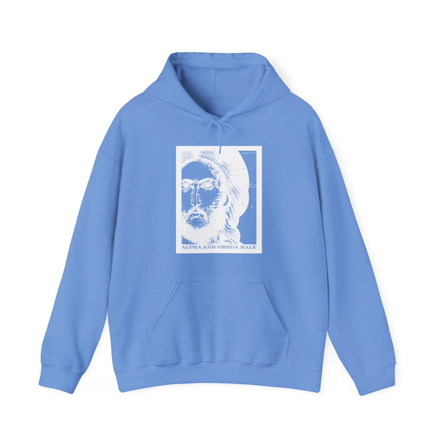 Carolina Blue hoodie featuring a photonegative Jesus Christ face graphic and the text "Alpha & Omega Male" on the front, inspired by Revelation 22: "I am the Beginning & the End." Orthodox Christian cotton/poly blend.