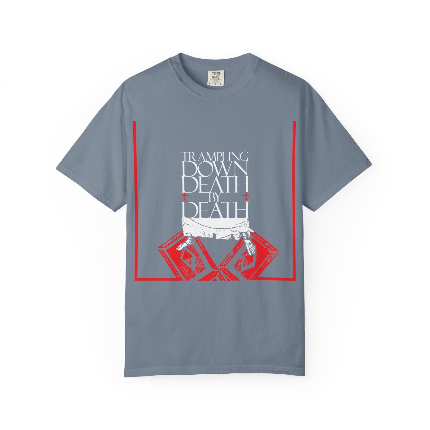 Blue Jean heavyweight cotton unisex tee featuring white and red "Trampling Down Death by Death" text, an abstract design of iconographic Jesus’ feet on the Gates of Hades, symbolizing resurrection and victory over death.
