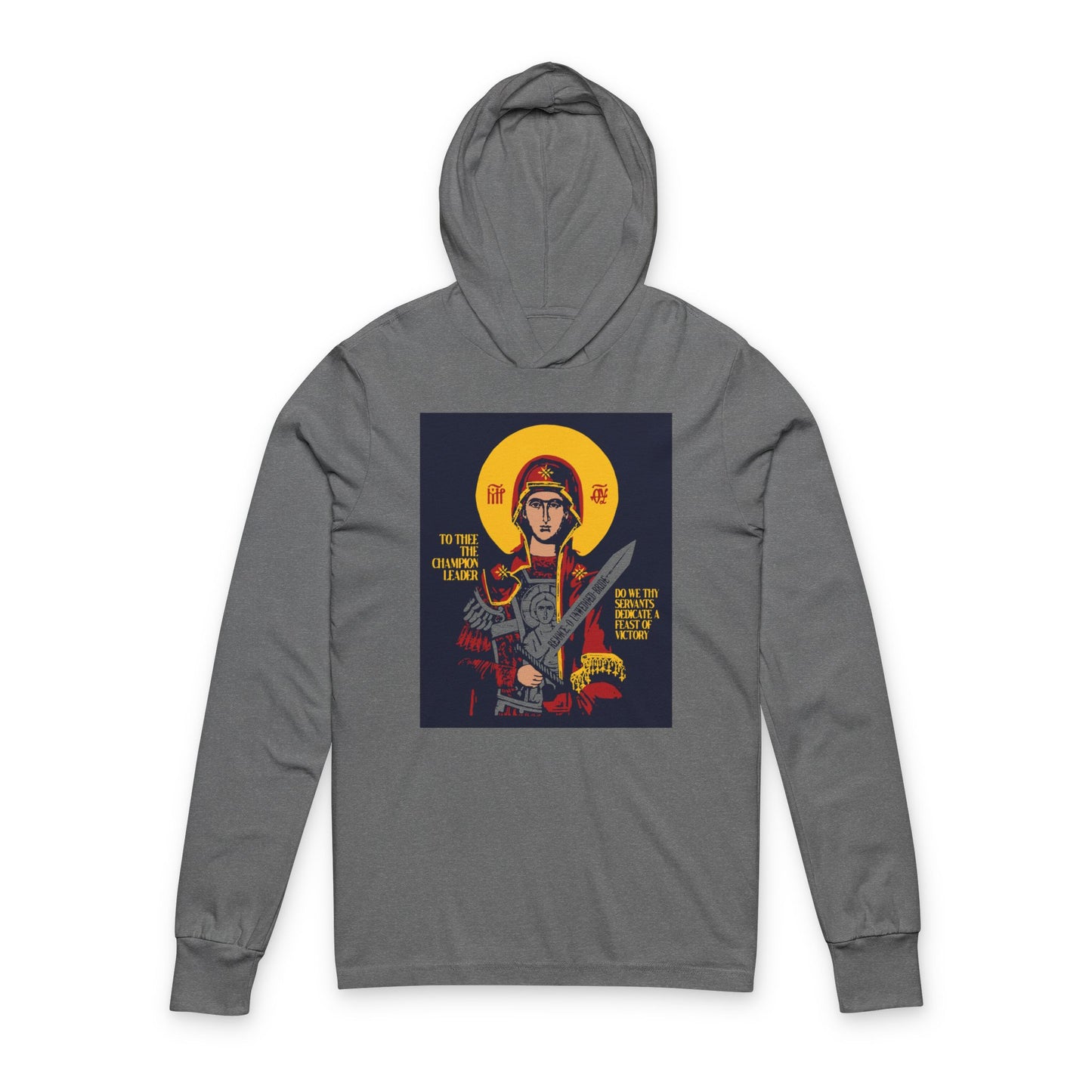 To Thee the Champion Leader | Mother of God | Theotokos with Sword IconoGraphic | Orthodox Long Sleeve Hooded Shirt