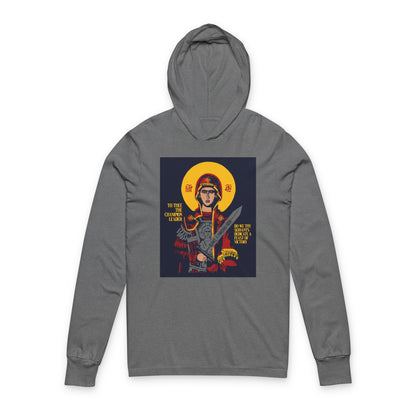 To Thee the Champion Leader | Mother of God | Theotokos with Sword IconoGraphic | Orthodox Long Sleeve Hooded Shirt