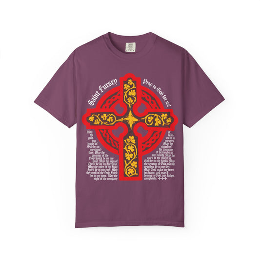 Berry-colored heavyweight cotton tee featuring a bold red and yellow Celtic cross and medieval-style text with the Lorica Shield Prayer of St Fursey, inspired by ancient Irish Orthodox tradition.