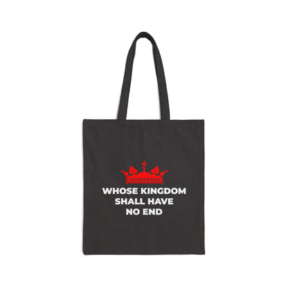 Black cotton tote bag featuring a red Orthodox cross crown and the text "Whose Kingdom Shall Have No End"—an inspiring nod to Christian eschatology and the Nicene Creed.