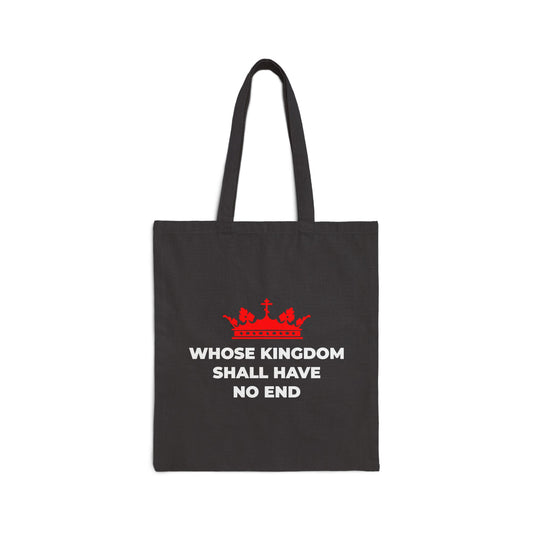 Black cotton tote bag featuring a red Orthodox cross crown and the text "Whose Kingdom Shall Have No End"—an inspiring nod to Christian eschatology and the Nicene Creed.