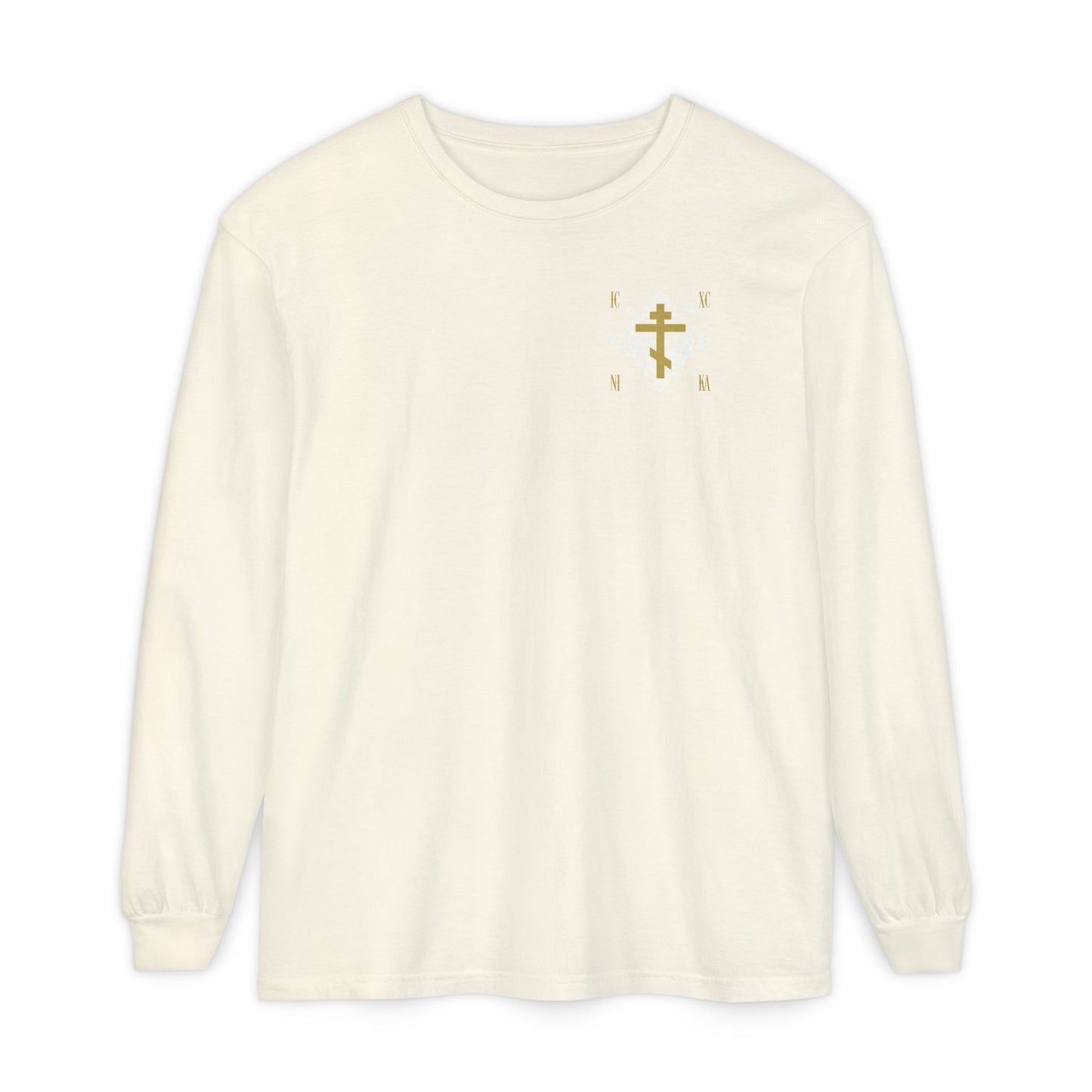 Gold Orthodox Cross ICXC NIKA  (Small Design) | White Medieval Ornate Floral Pattern | Jesus Christ Conquers | Christian Long Sleeve