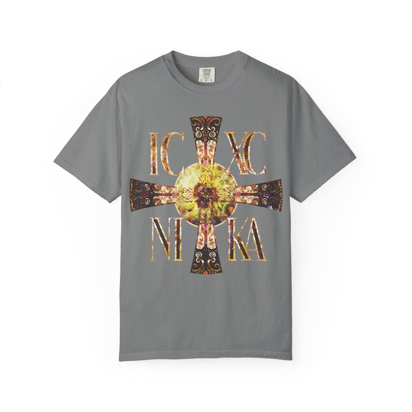 Grey unisex heavyweight cotton tee featuring a Celtic style equal-armed Cross with a bright solar texture and the inscription IC XC NIKA on the front.