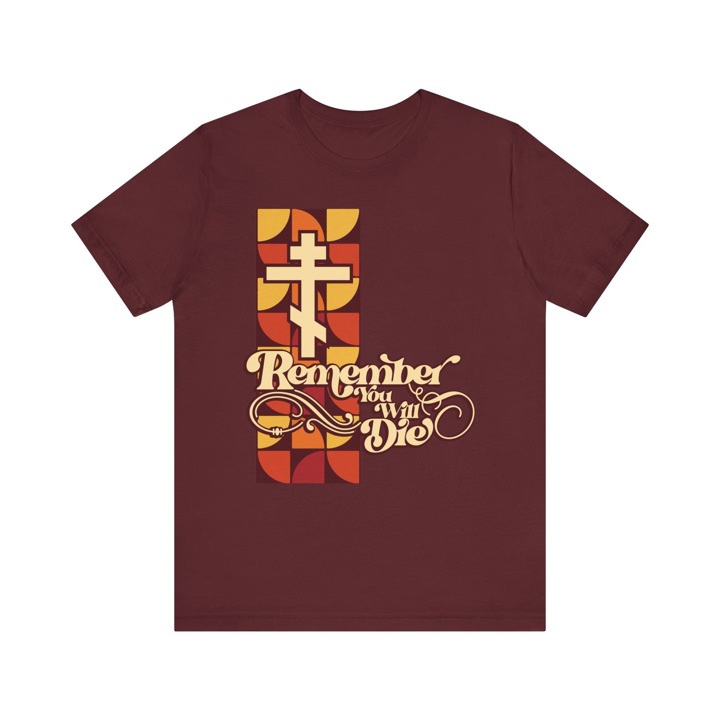 Introducing the "Remember You Will Die RYWD 70's Design" Orthodox Christian tee—a maroon, lightweight cotton unisex shirt featuring a beige, red, and yellow cross with abstract patterns and stylized text. This striking design visually echoes the meditative spirit of Friday Vespers and the poignant themes found in the Stichera for the Dead.