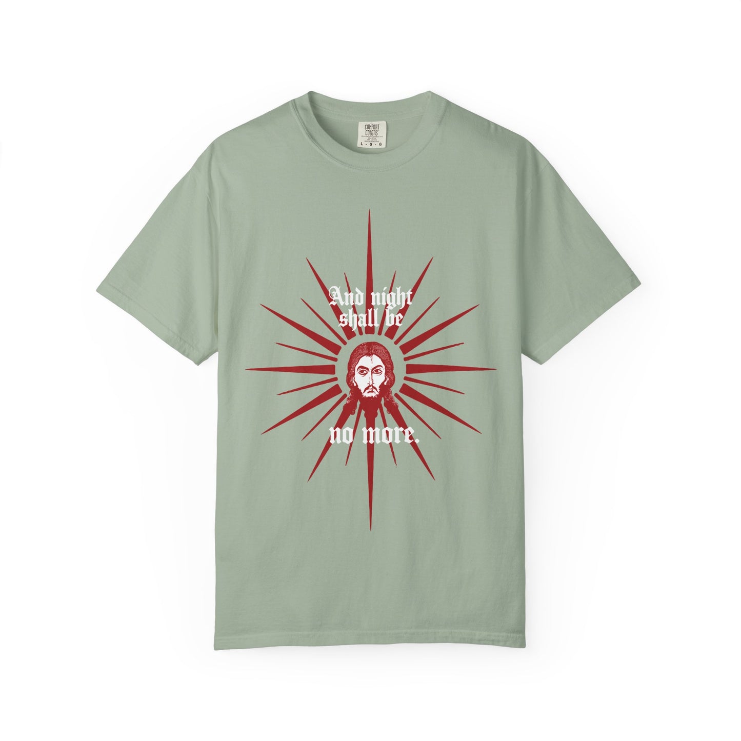 And Night Shall Be No More (Rev 22:5) | Red & White Design | Face of Jesus Christ Icono-Graphic | Orthodox Heavyweight Cotton Unisex Tee