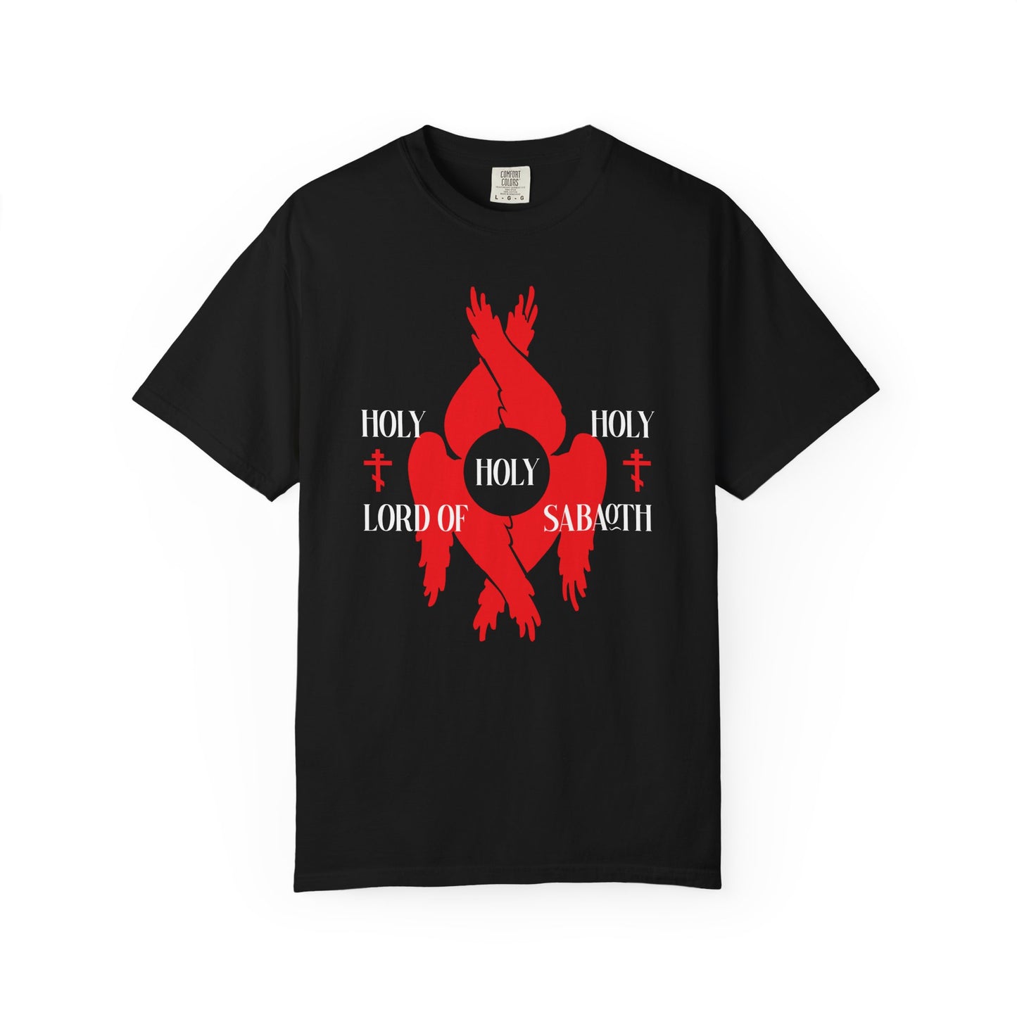 Black heavyweight cotton unisex tee featuring red seraphim wings, Orthodox crosses, and "Holy Holy Holy Lord of Sabaoth" (Isaiah 6:3) text—design inspired by the Liturgy of St John Chrysostom and Divine Council.