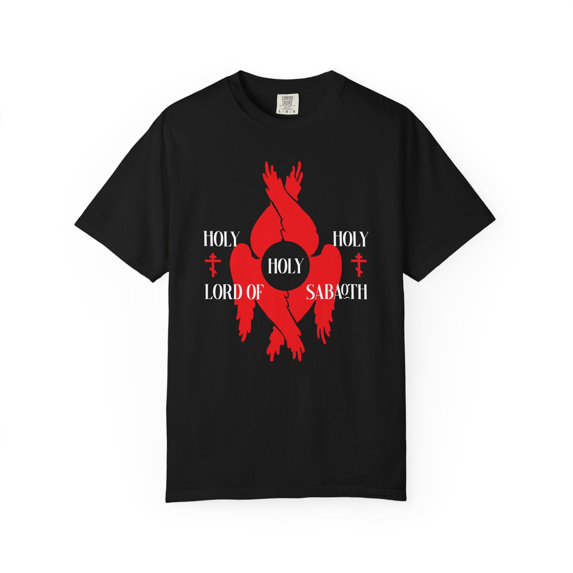 Black heavyweight cotton unisex tee featuring red seraphim wings, Orthodox crosses, and "Holy Holy Holy Lord of Sabaoth" (Isaiah 6:3) text—design inspired by the Liturgy of St John Chrysostom and Divine Council.