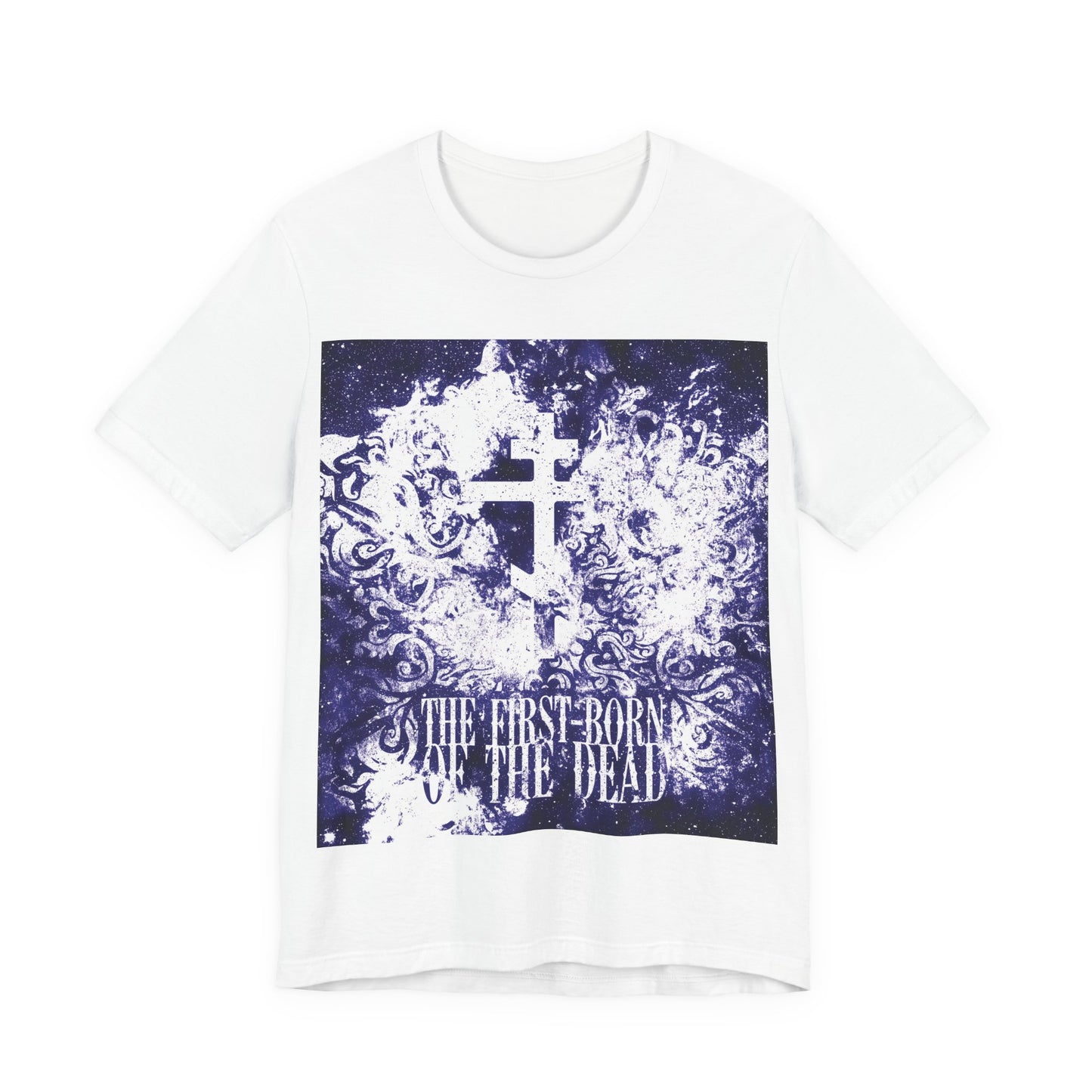 The First-Born of the Dead | Glowing White & Blue Textured Cosmic Orthodox Cross | Resurrection & Apocalypse | Christian Unisex Cotton Tee