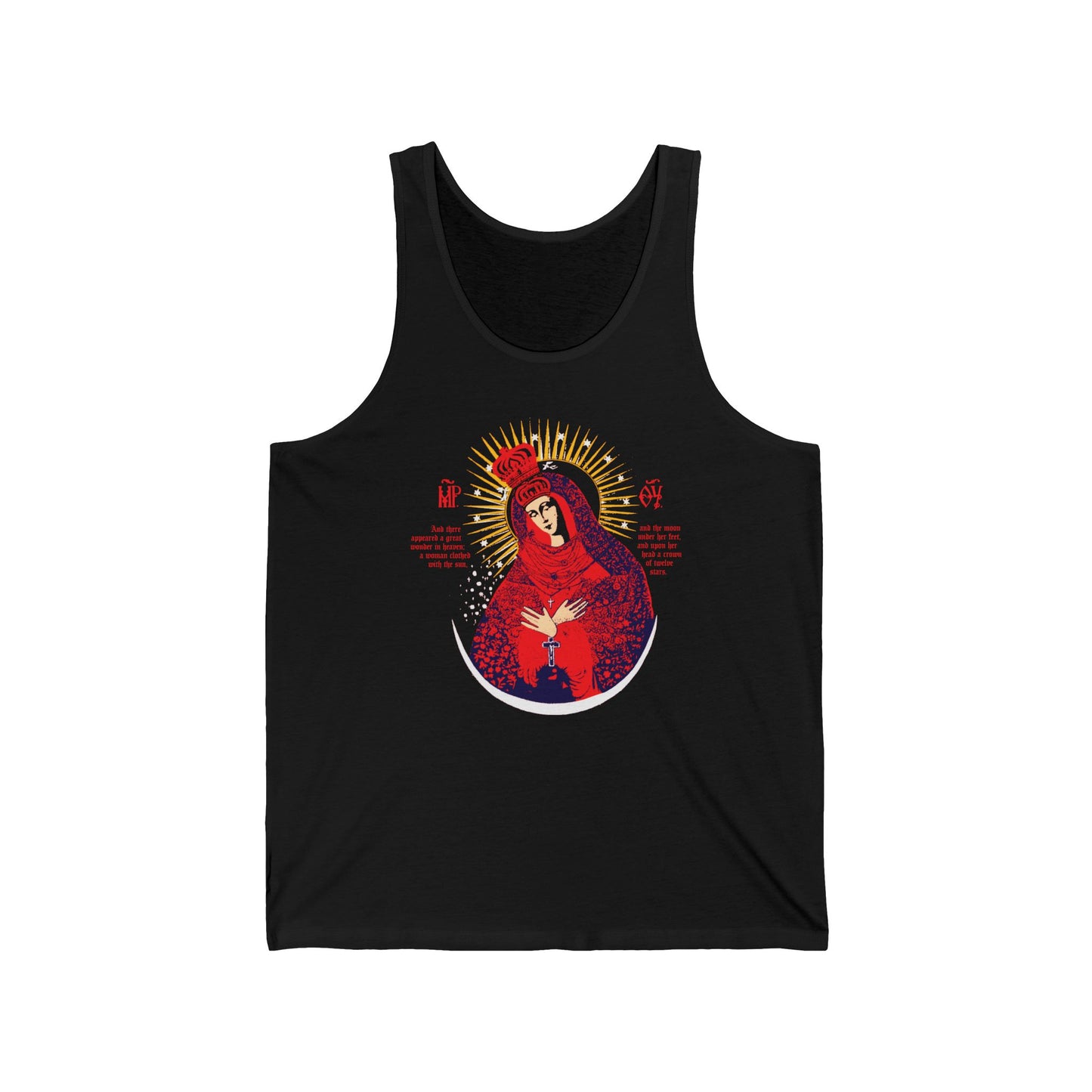Our Lady the Gate of Dawn Icono-Graphic | Theotokos Crowned | Woman of the Apocalypse | Red Blue & Gold Design | Orthodox Christian Tank Top