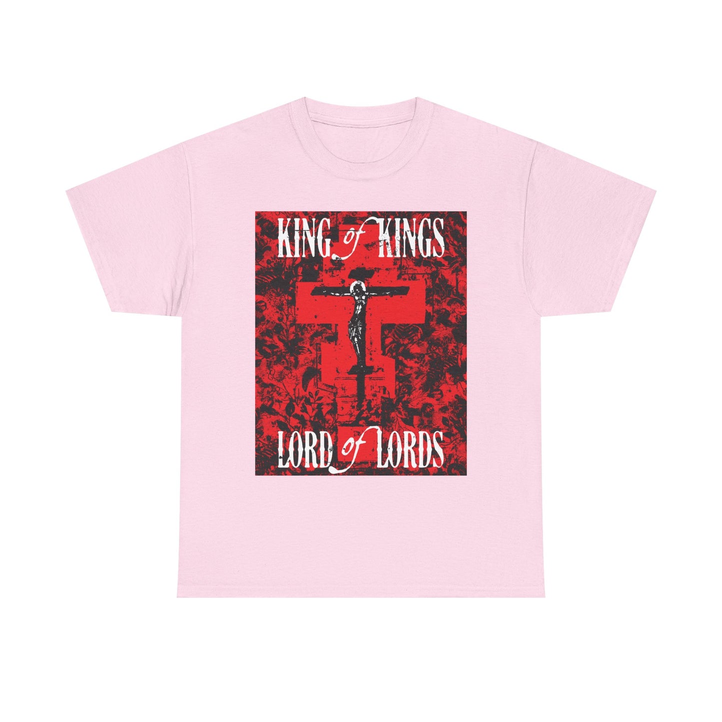 King of Kings, Lord of Lords | Christ Crucified Icono-Graphic | Red Cross Nature Texture w/ White Text | Midweight Cotton Unisex Tee