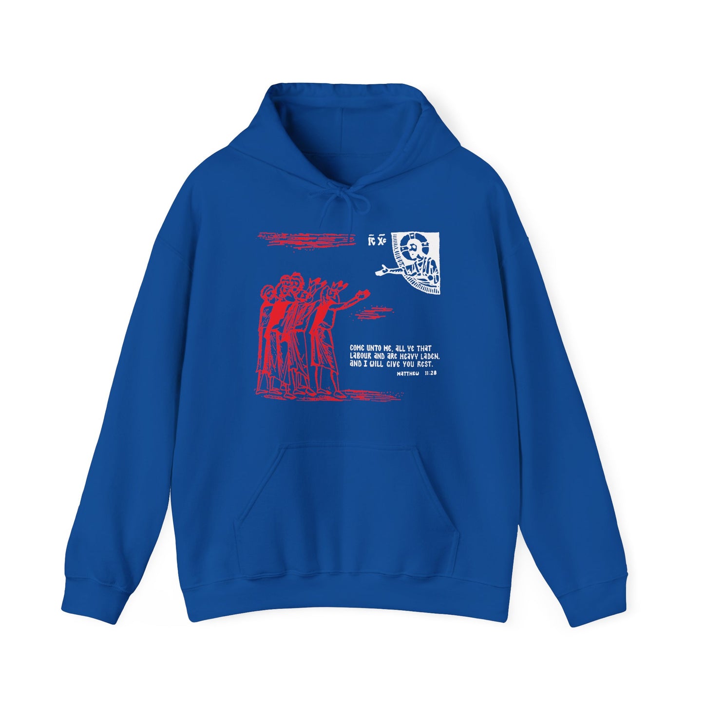 Royal hoodie featuring an icono-graphic drawing of red outlined people, text, and a hand reaching toward a butterfly—an artistic nod to the Holy Spirit. "Come Unto Me All Ye That Labour & Are Heavy Laden" (Matt. 11:28).