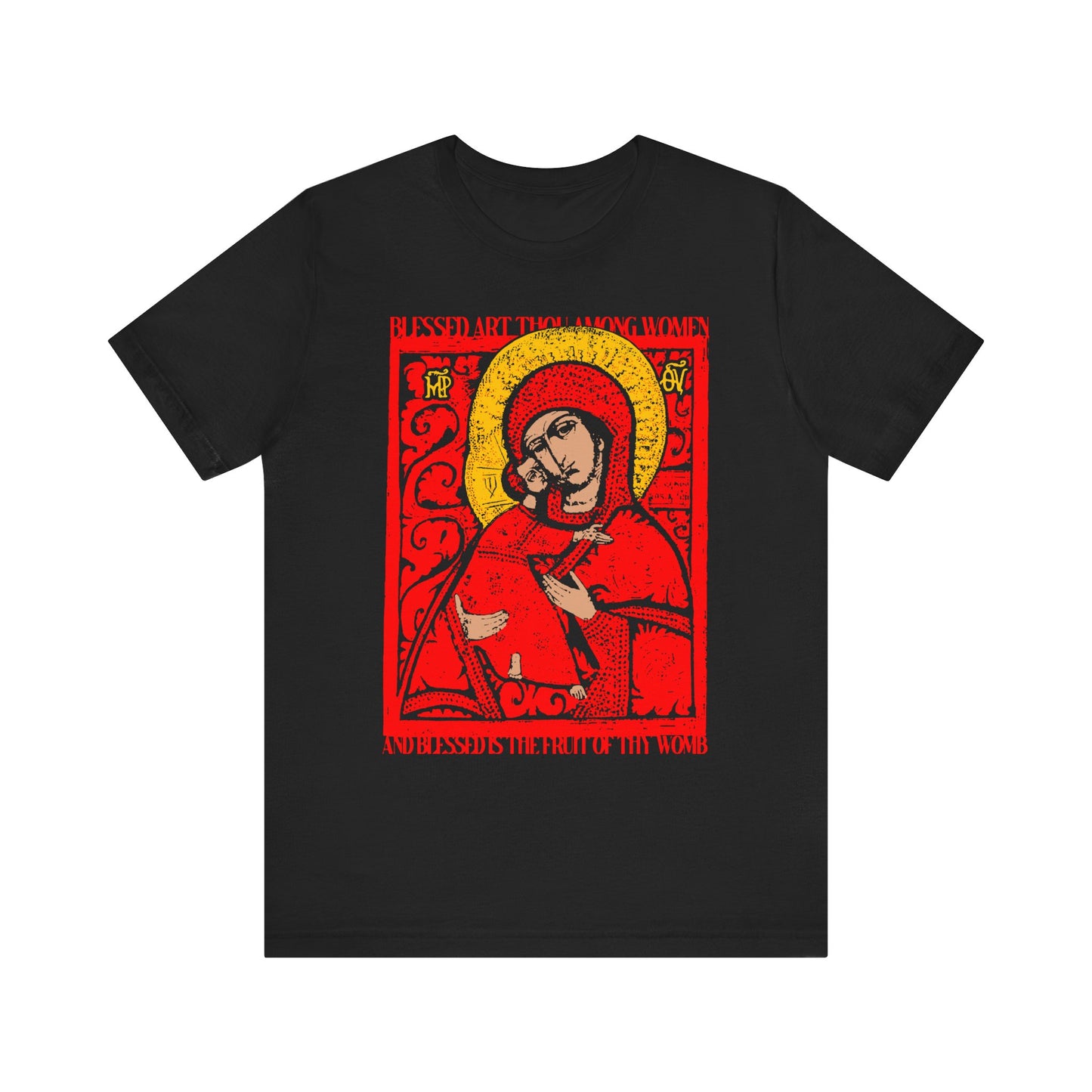 Black "Vladimir Theotokos IconoGraphic" t-shirt featuring a red and yellow Orthodox Christian graphic of Mary inspired by the Vladimirskaya icon, with gold "Blessed Art Thou Among Women" text above and below the image.