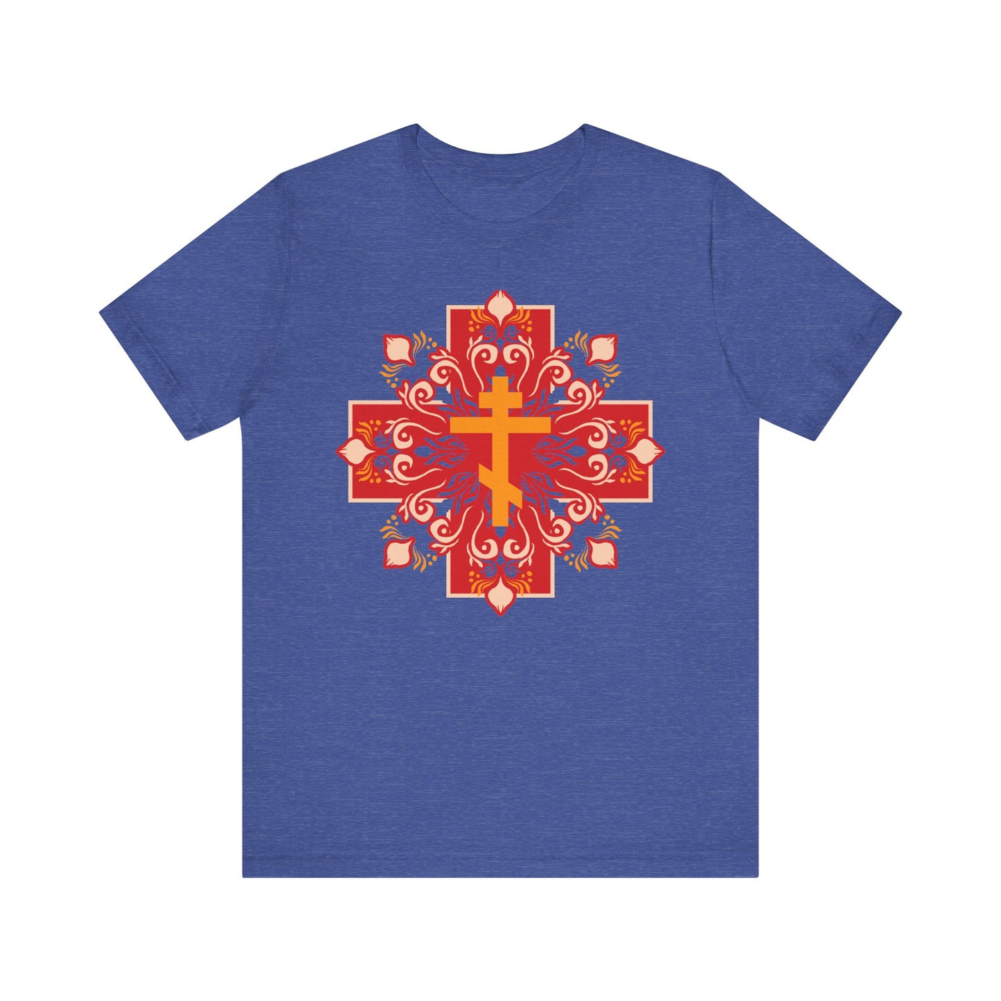 Heather True Royal t-shirt with an orange and red Orthodox cross and festive floral design, featuring "By His Wounds You Have Been Healed" (1 Peter 2:24). Lightweight cotton unisex tee for a stylish, faith-inspired look.