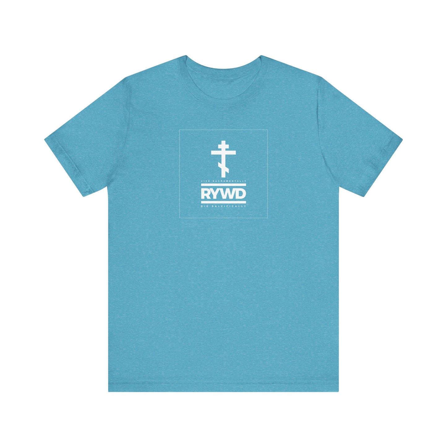 Heather aqua unisex lightweight cotton tee featuring a minimalist white Eastern Orthodox cross and RYWD in a white square on the front—a gentle reminder to live sacramentally and die salvifically.