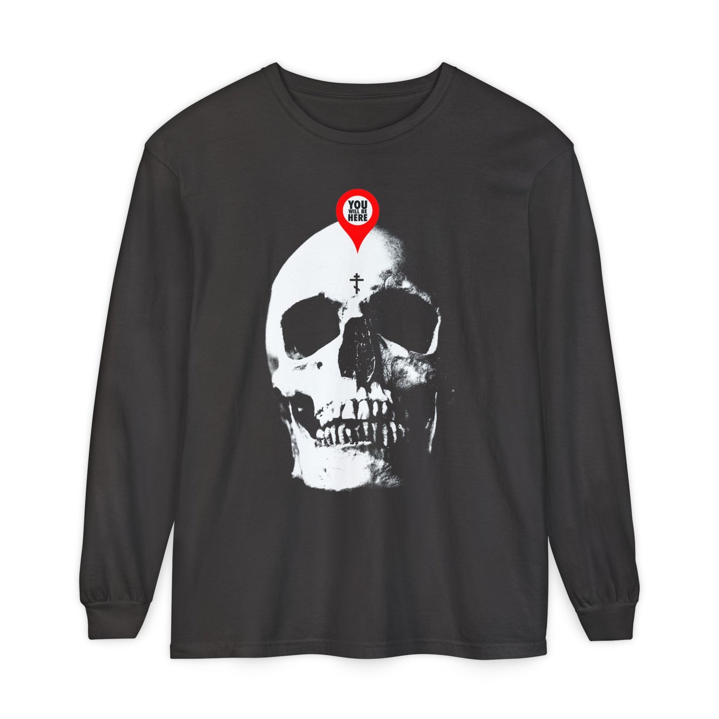 Graphite long-sleeve shirt featuring a skull design with a red map marker on the forehead—a memento mori reminder inspired by "You Will Be Here Maps Marker on Skull Design | What You Are I Once Was.