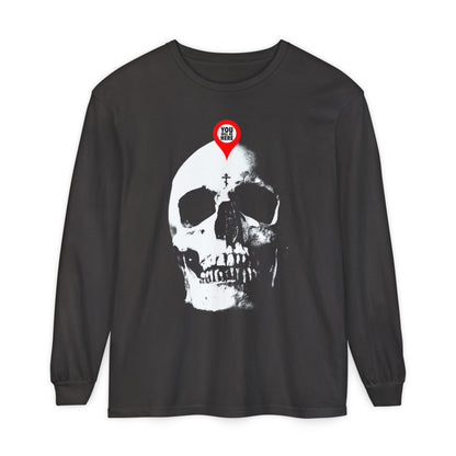 Graphite long-sleeve shirt featuring a skull design with a red map marker on the forehead—a memento mori reminder inspired by "You Will Be Here Maps Marker on Skull Design | What You Are I Once Was.