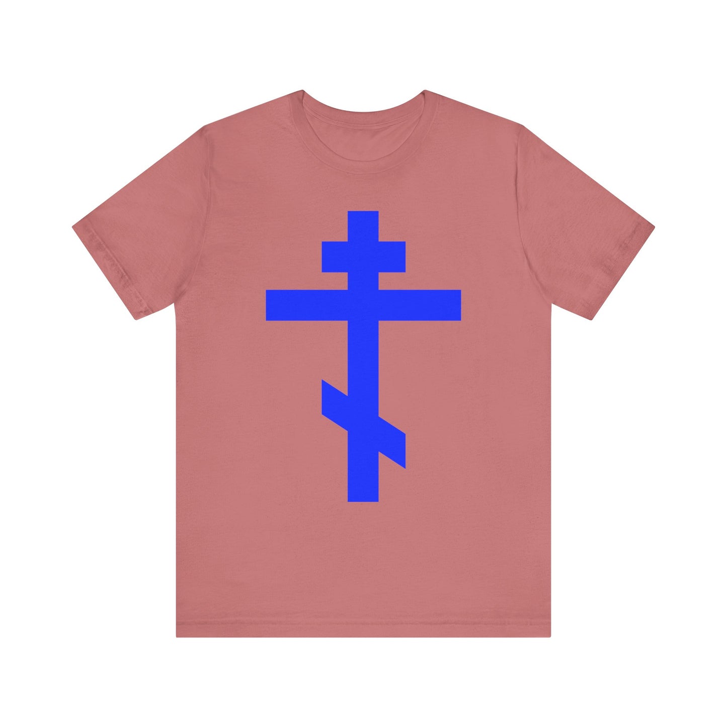 Mauve t-shirt featuring a bold royal blue Orthodox Tribar Cross design centered on the front, inscribed with "Preserve Thy People By Thy Cross, O Lord" and "Christ is King." Lightweight cotton unisex tee.