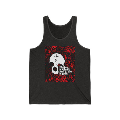 To Live is Christ To Die is Gain (Phil 1:21) | Skull with Cross on Red Floral Texture | Orthodox Christian Jersey Tank Top / Sleeveless Shirt