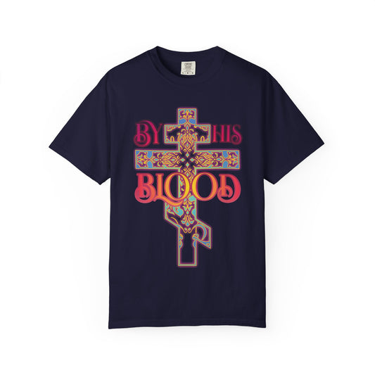 True Navy "By His Blood" unisex heavyweight cotton tee featuring a glowing ornate Orthodox cross in an 80s color scheme and bold, decorative "BY HIS BLOOD" text on the front—an inspiring reminder of atonement and eternal redemption.