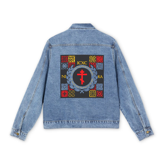 Let All Adverse Powers Be Crushed (Red, Yellow & Blue Design) | ICXC NIKA | Medieval Tile Design | Orthodox Christian Blue Denim Jacket
