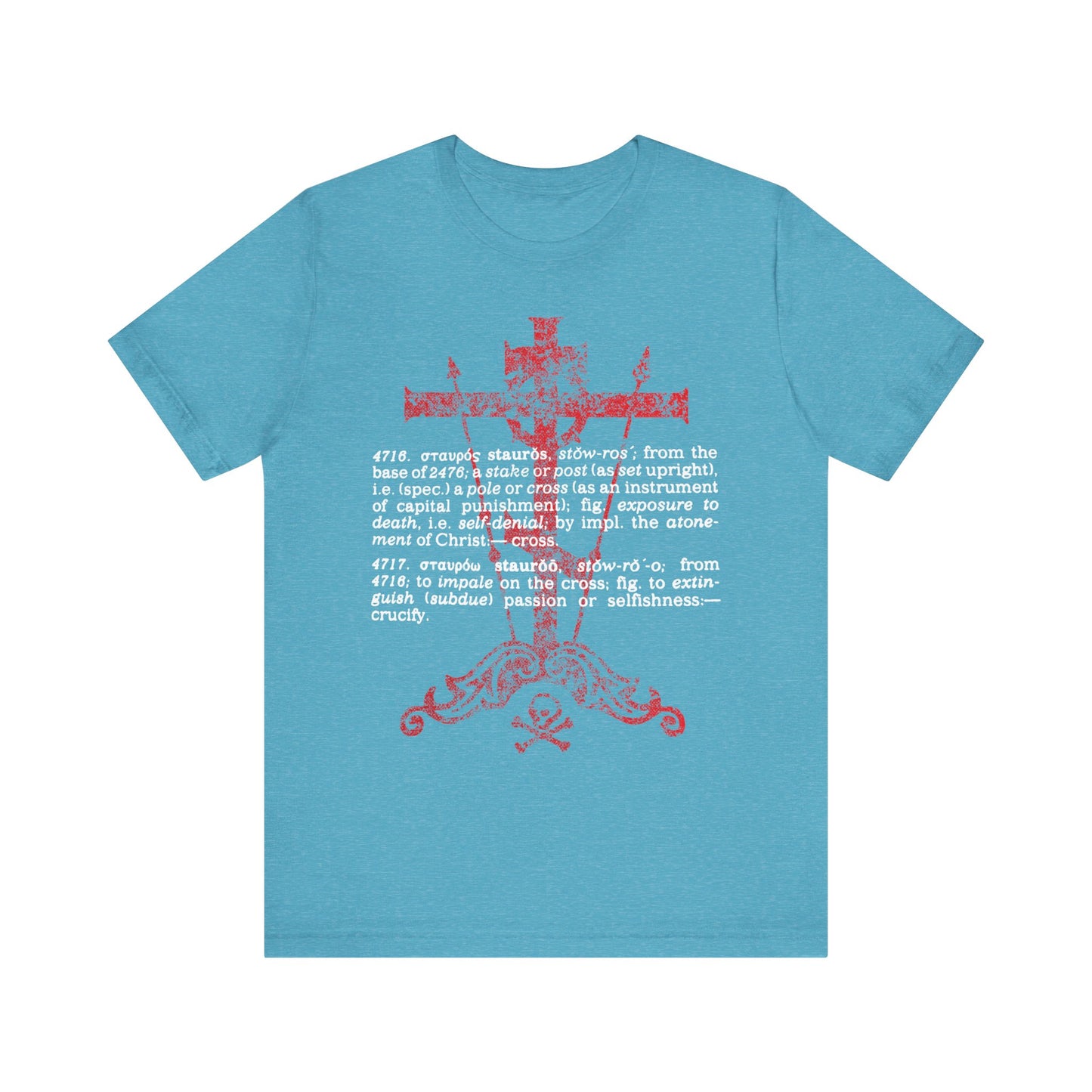 Heather aqua t-shirt featuring a red ornate cross and white dictionary-style text about the word "cross"—inspired by Strong's Dictionary and New Testament Greek references. Product: Stauros | The Cross: To Extinguish Passion (Greek Definition) | Orthodox Christian Lightweight Cotton Unisex T-Shirt.