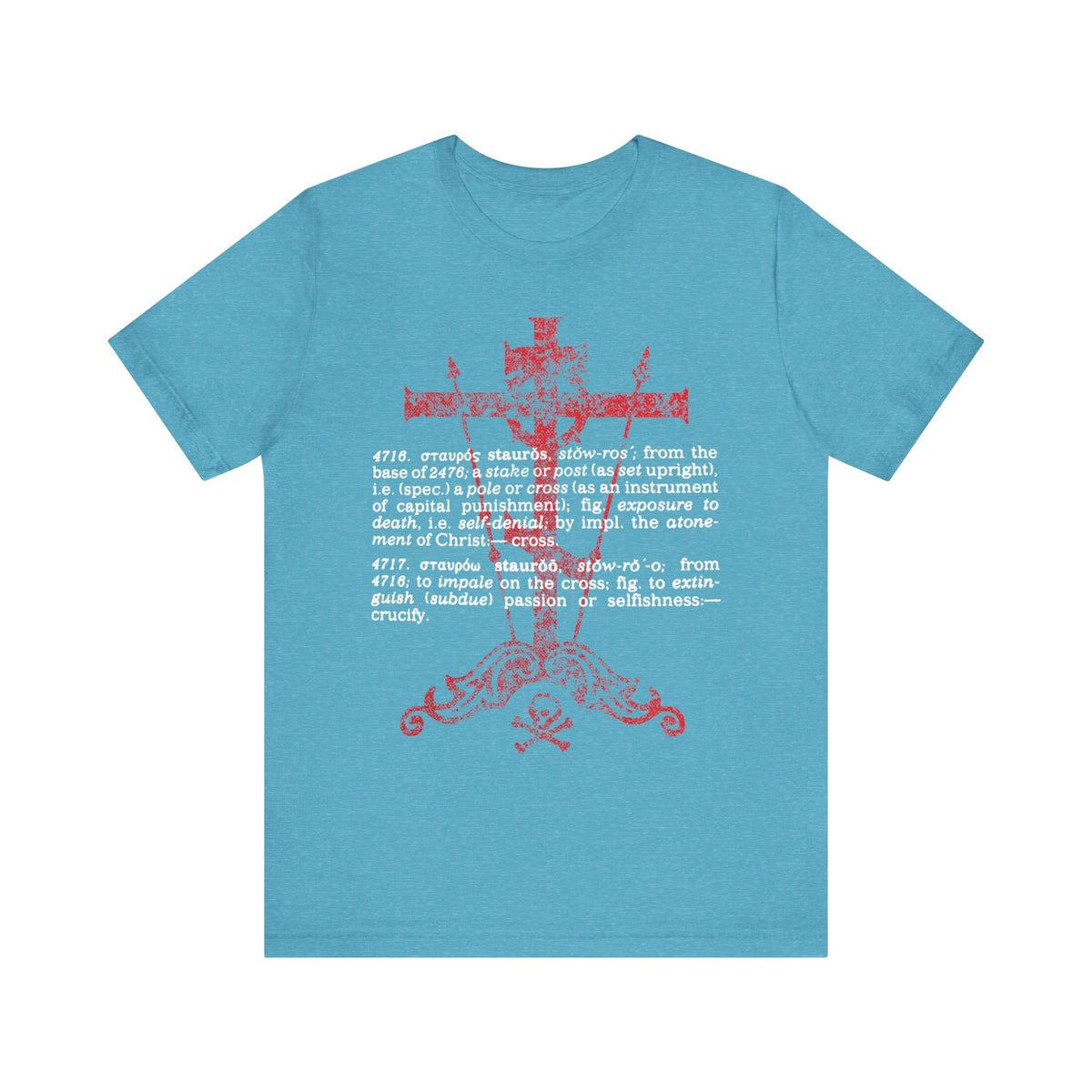 Heather aqua t-shirt featuring a red ornate cross and white dictionary-style text about the word "cross"—inspired by Strong's Dictionary and New Testament Greek references. Product: Stauros | The Cross: To Extinguish Passion (Greek Definition) | Orthodox Christian Lightweight Cotton Unisex T-Shirt.
