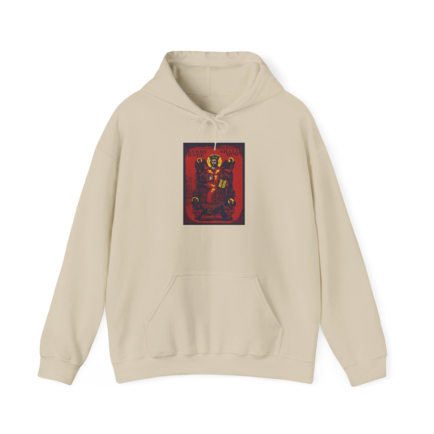 Sand-colored “Every Knee Shall Bow” Orthodox hoodie featuring a vibrant Christ Enthroned iconographic design with the four living creatures (Ezekiel’s Chariot) on the front center, inspired by Philippians 2:8-11 and Isaiah 45:23.