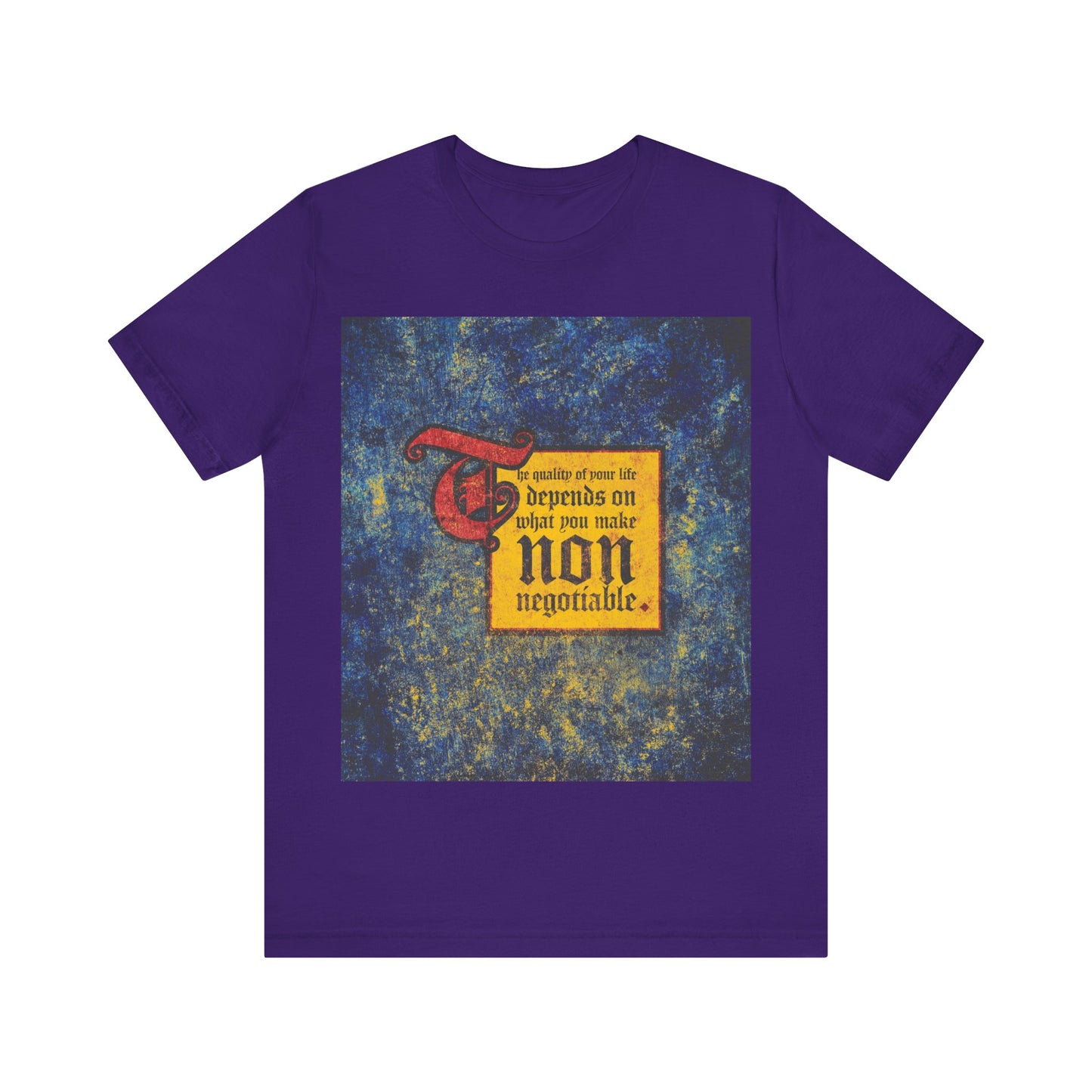 Show your faith with this Team Purple "The Quality of Your Life Depends on What You Make Non-Negotiable" Orthodox Christian t-shirt, featuring a motivational medieval-inspired design.