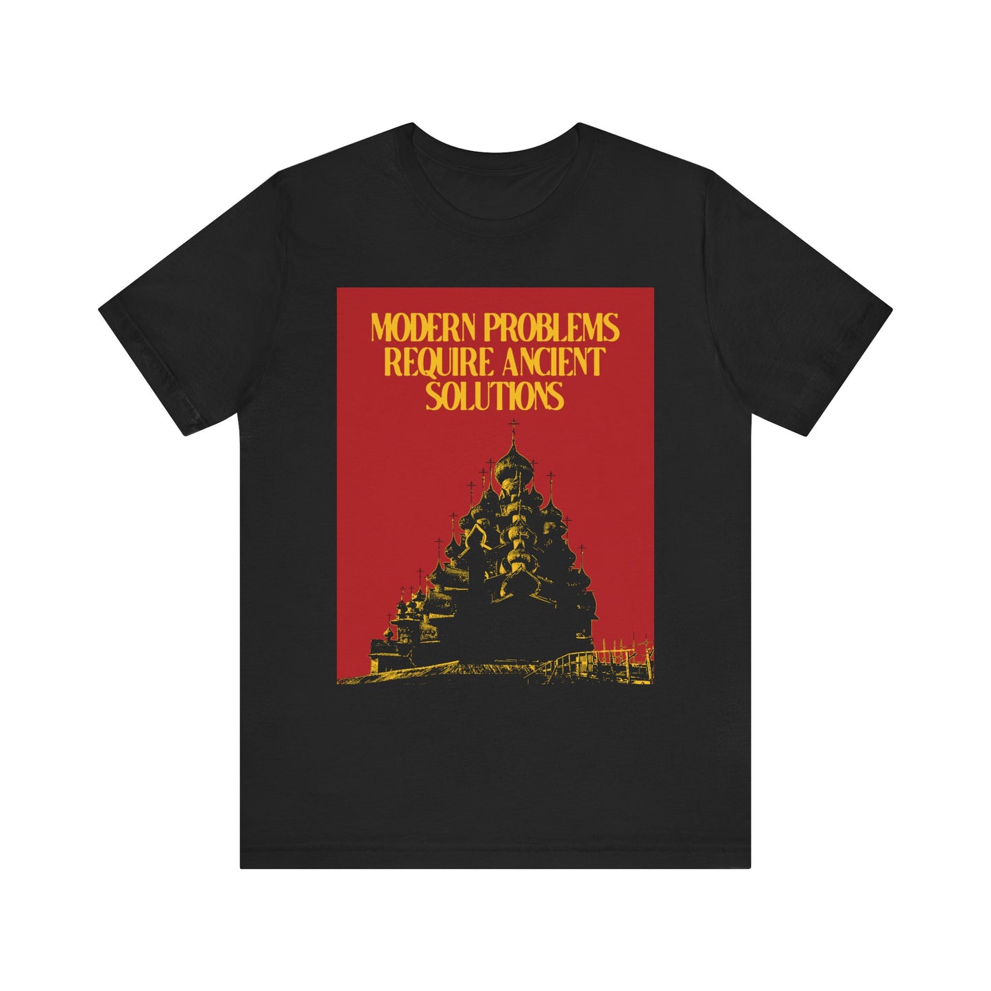 Black "Modern Problems Require Ancient Solutions" Orthodox Christian lightweight cotton unisex tee, featuring a striking red and yellow graphic—a bold tribute to spiritual warfare and the enduring armor of God.