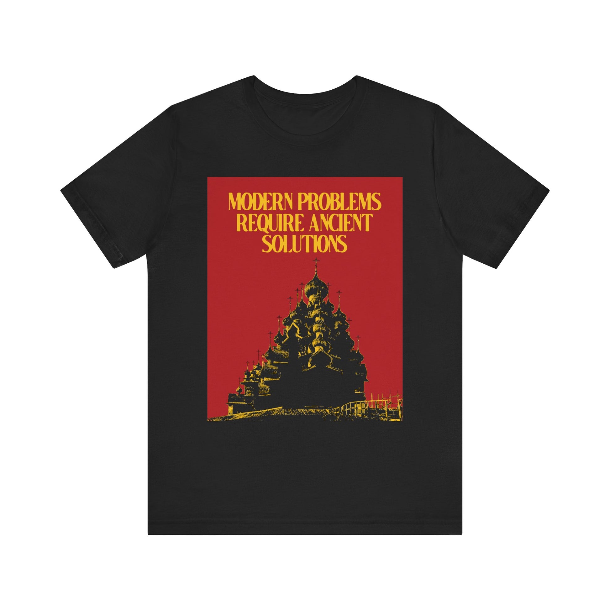 Black "Modern Problems Require Ancient Solutions" Orthodox Christian lightweight cotton unisex tee, featuring a striking red and yellow graphic—a bold tribute to spiritual warfare and the enduring armor of God.