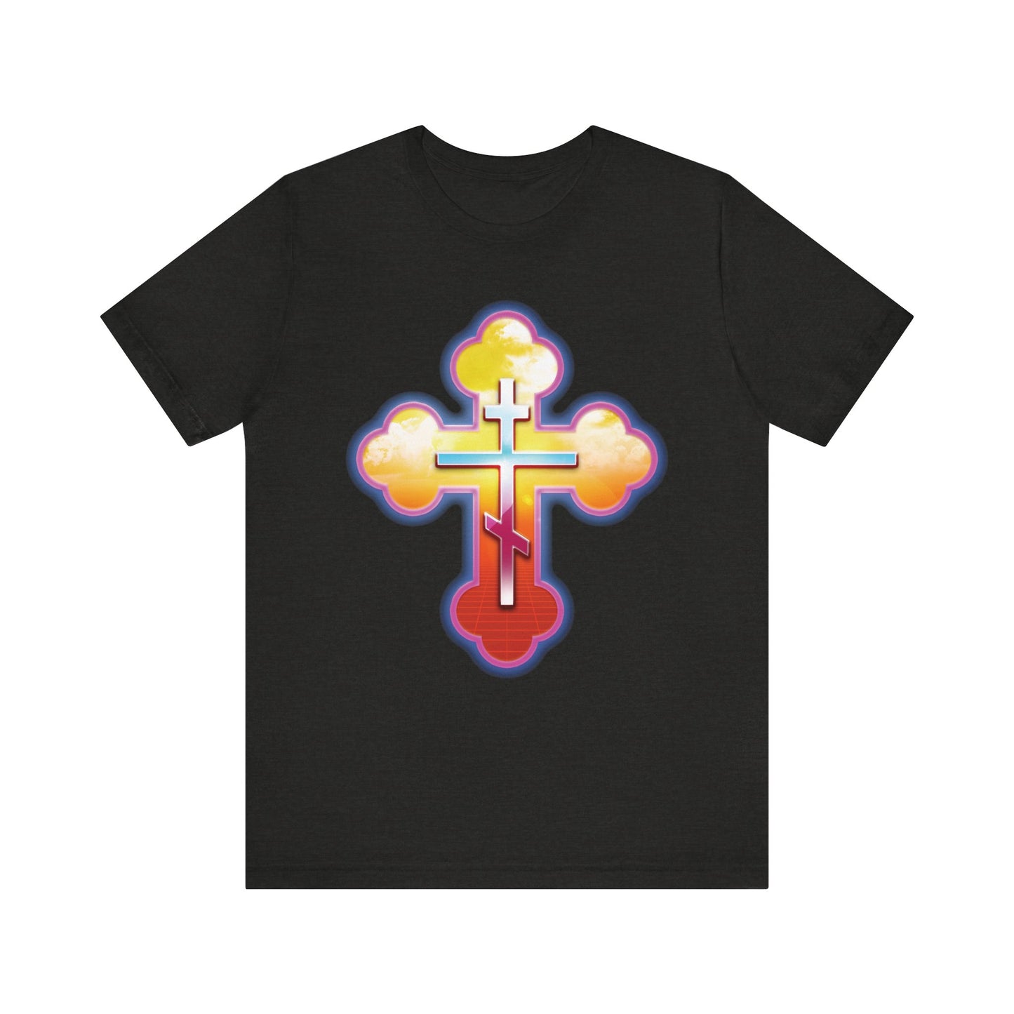 80s Synthwave Retrowave Outrun Aesthetic | Glowing & Reflective Gold & Red Three-Bar Cross | Lightweight Cotton Unisex Tee