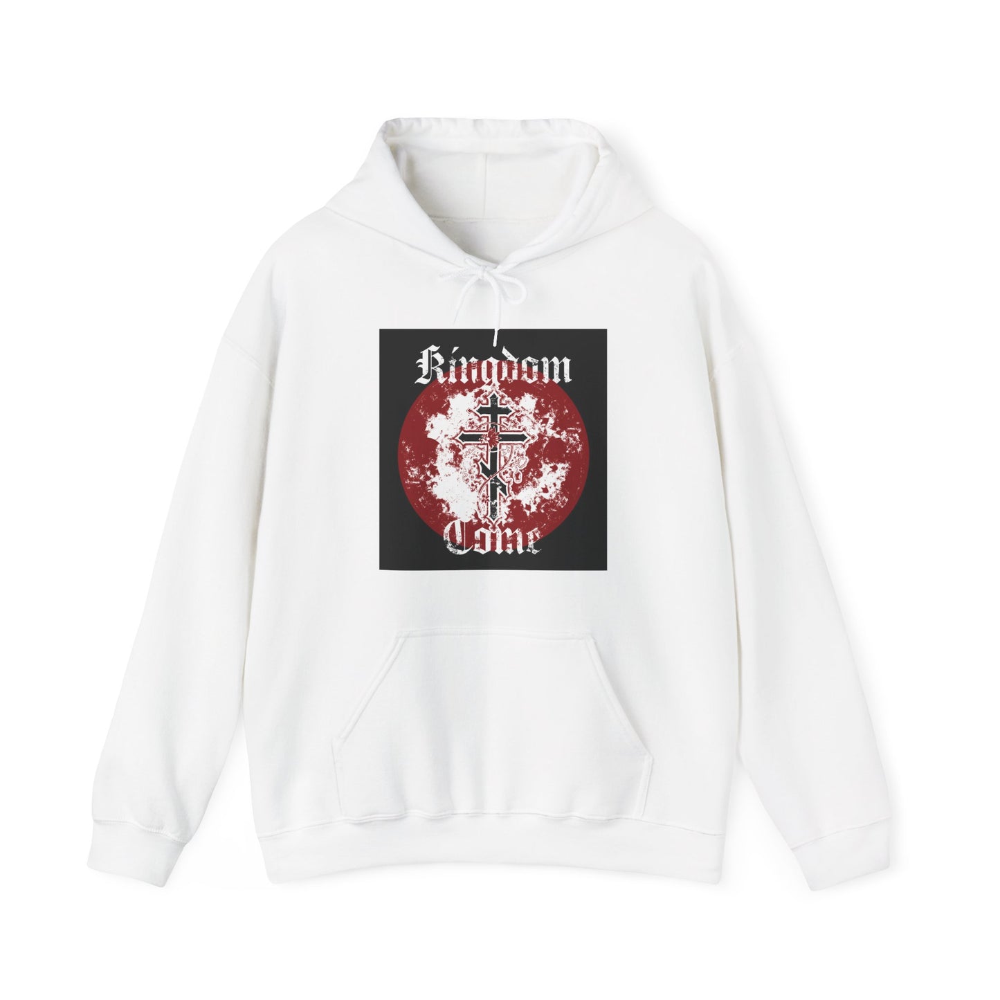 White “Kingdom Come” hoodie features an Orthodox Cross with vine in a textured Gothic font—an inspiring nod to the Lord’s Prayer and Orthodox Christian faith.