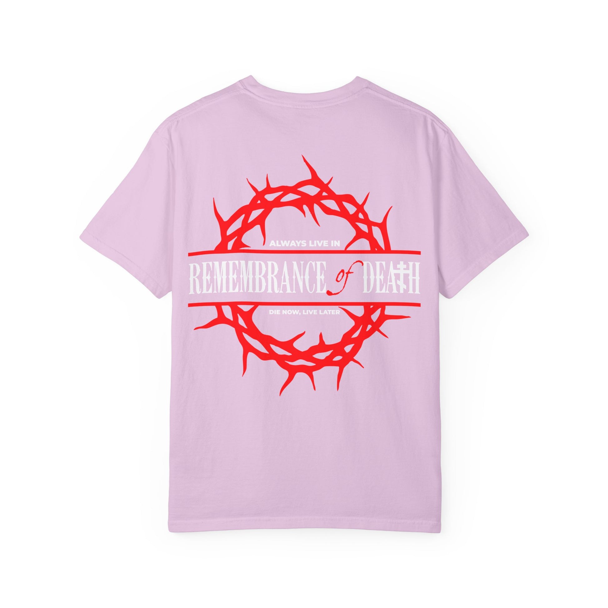 Always Live In Remembrance of Death Crown of Thorns BACK w/ Red Cross on Front Left Breast — this light purple Orthodox heavyweight cotton unisex tee features a red crown of thorns and white “REMEMBRANCE OF DEATH” text on the back, inspired by the spiritual teachings of St. John Climacus and the Orthodox tradition.