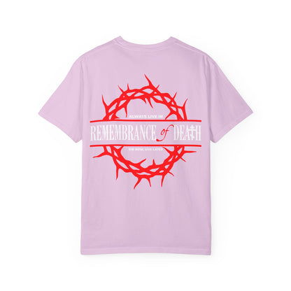 Always Live In Remembrance of Death Crown of Thorns BACK w/ Red Cross on Front Left Breast — this light purple Orthodox heavyweight cotton unisex tee features a red crown of thorns and white “REMEMBRANCE OF DEATH” text on the back, inspired by the spiritual teachings of St. John Climacus and the Orthodox tradition.