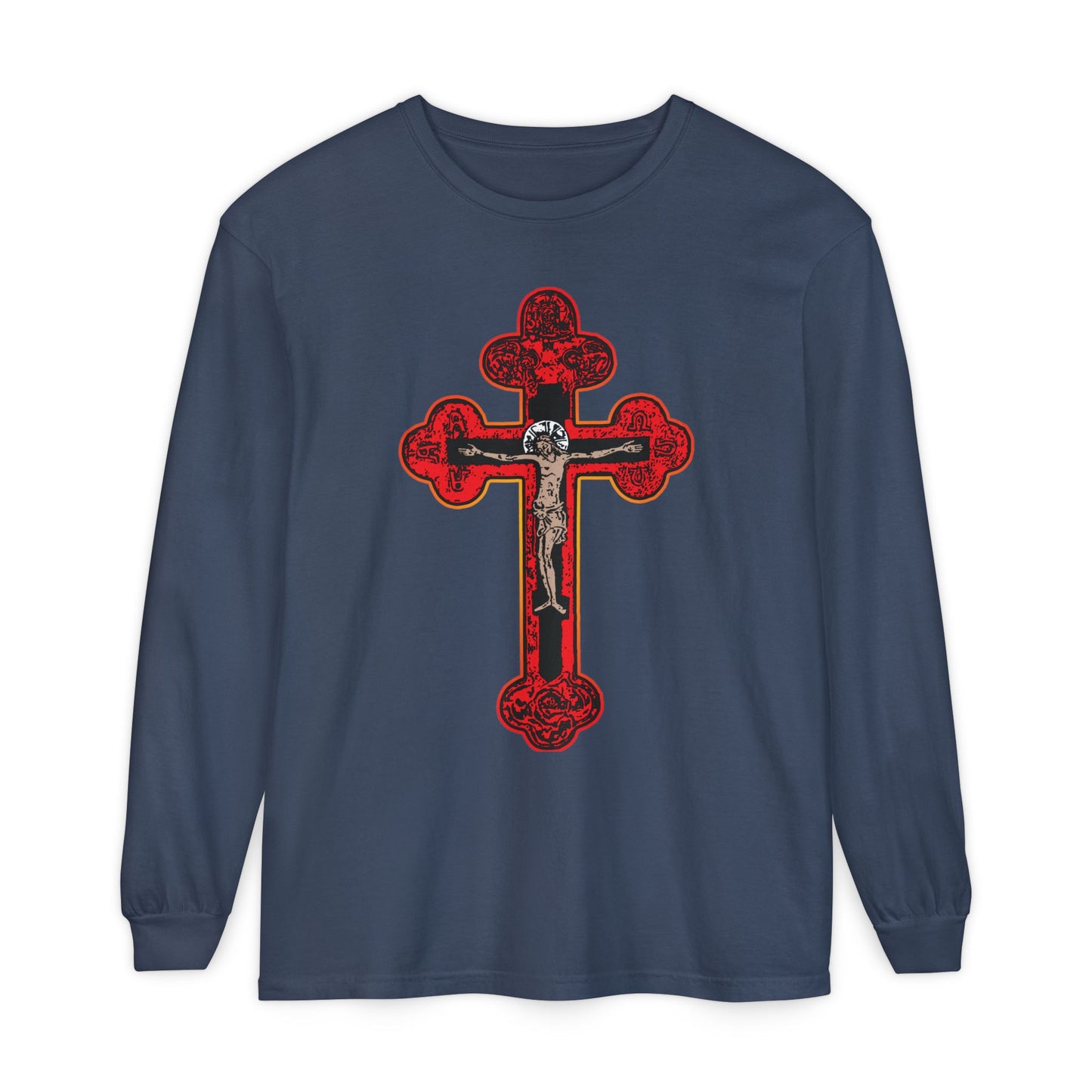 Midnight long sleeve cotton shirt features a large ornate red Byzantine Golgotha Crucifix with Alpha & Omega and "I Am Crucified With Christ," inspired by Orthodox Christian faith.