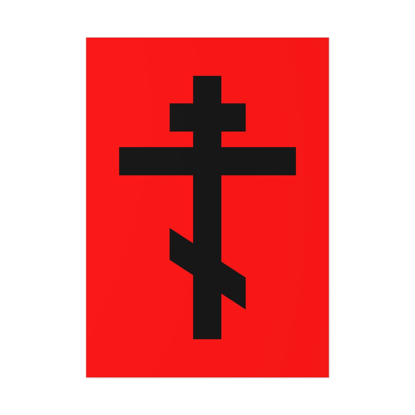 Black Orthodox Cross on red, featuring "May I never boast, except in the cross of our Lord Jesus Christ" (Gal 6:14). Orthodox Art Poster expressing faith and reverence.