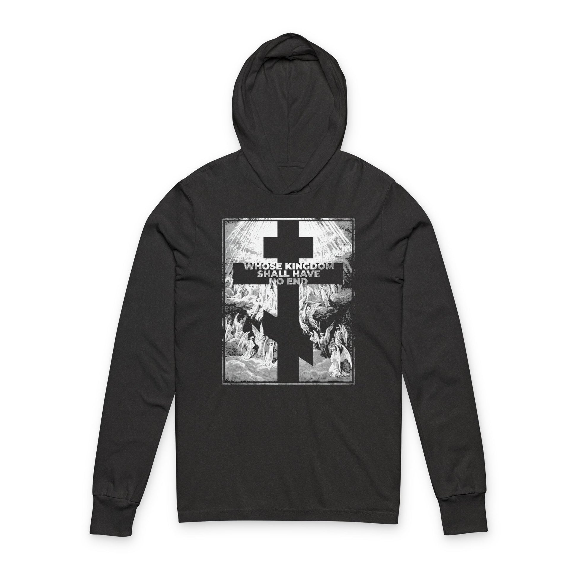 Charcoal Black TriBlend hooded shirt featuring "Whose Kingdom Shall Have No End"—inspired by the Nicene Creed, Apocalypse, and Revelation, with Gustave Doré etching art. Orthodox Christian-themed Symbol of Faith apparel.