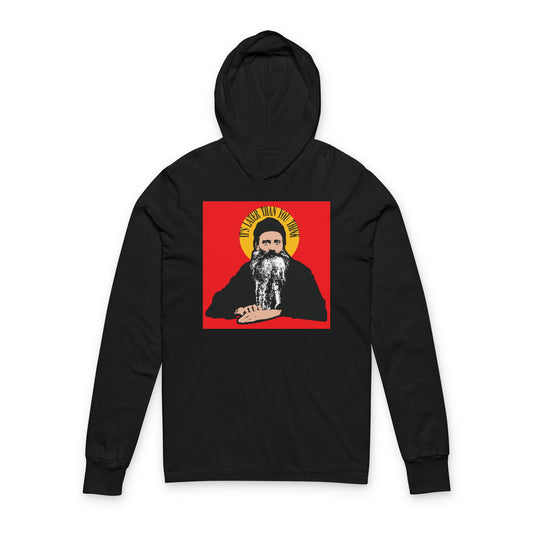 Black hoodie featuring “It’s Later Than You Think” Fr Seraphim Rose quote in a yellow halo—modern American Orthodox Christian saint design.