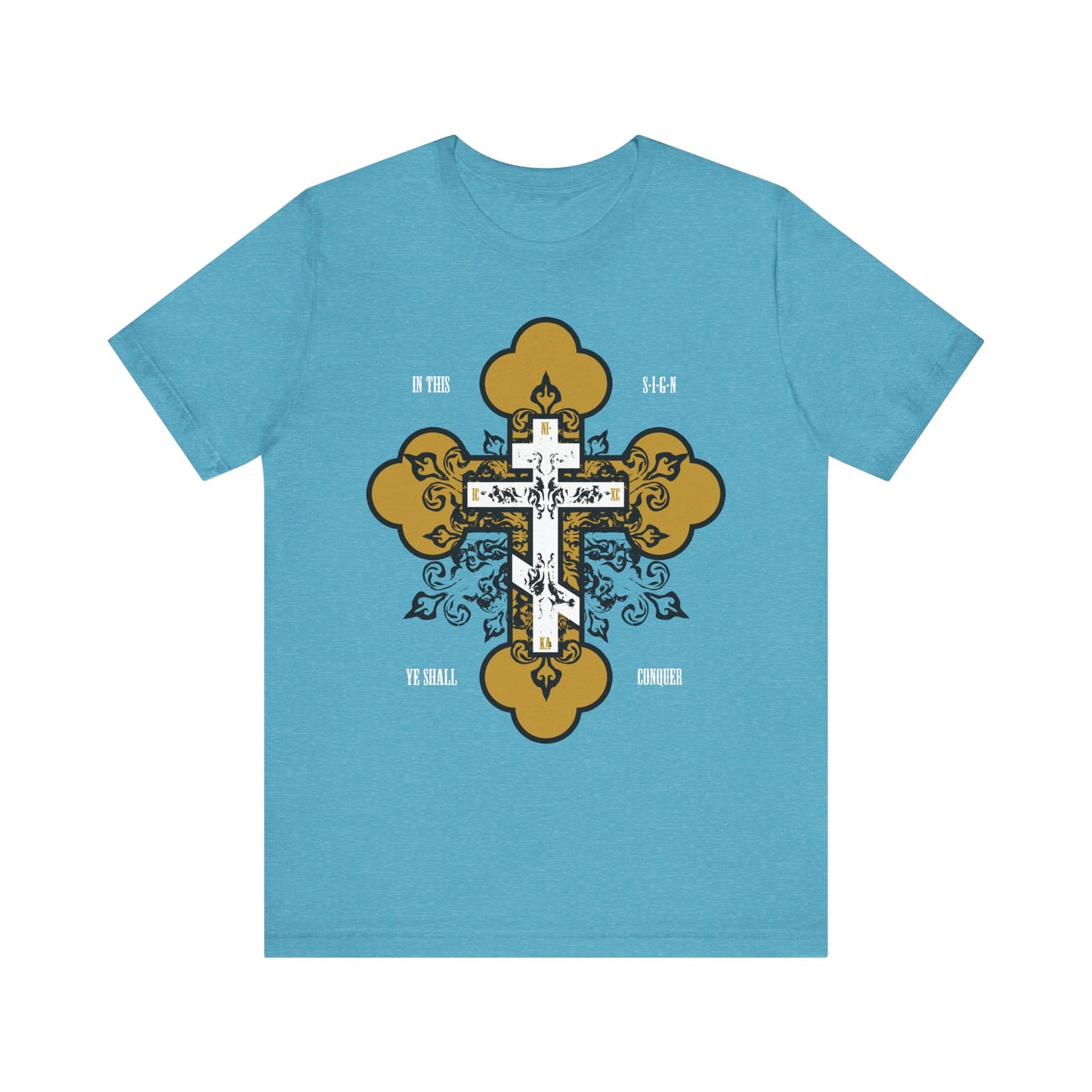 Heather Aqua cotton tee featuring an ornate gold and white Orthodox cross with “In this sign ye shall conquer” text, inspired by spiritual warfare. Unisex, lightweight, and available as the "In This Sign Ye Shall Conquer" design.