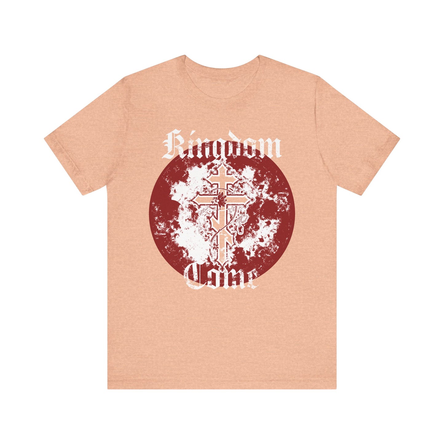 Heather peach unisex lightweight cotton tee featuring an Orthodox cross with vine design and the words “Kingdom Come” in textured white gothic font—an inspired nod to the Lord’s Prayer’s timeless call: “Thy Kingdom come.”.