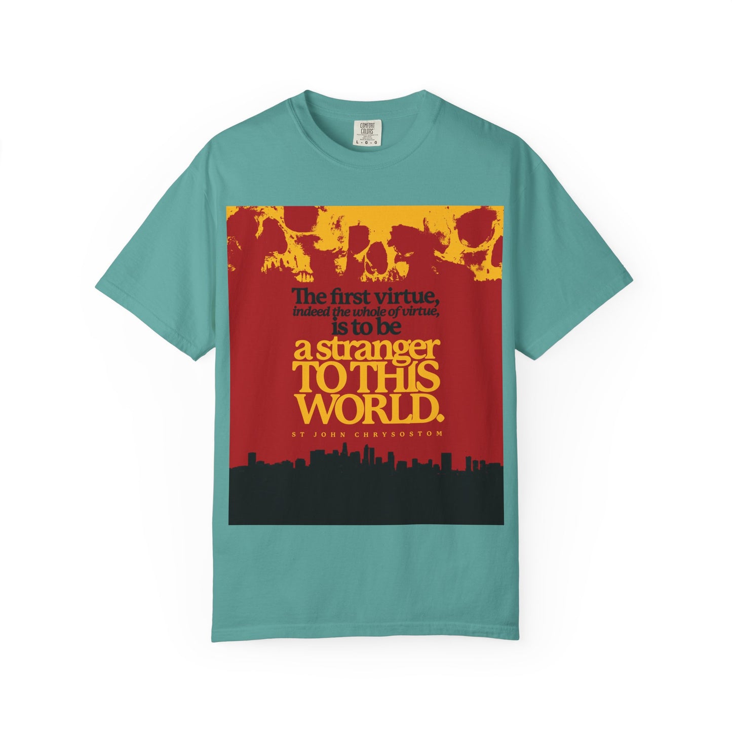 Seafoam t-shirt featuring a black city skyline, skulls, and quote text inspired by St John Chrysostom: "All of Virtue is Be a Stranger To this World" on heavyweight cotton. Orthodox Christian Unisex Tee.